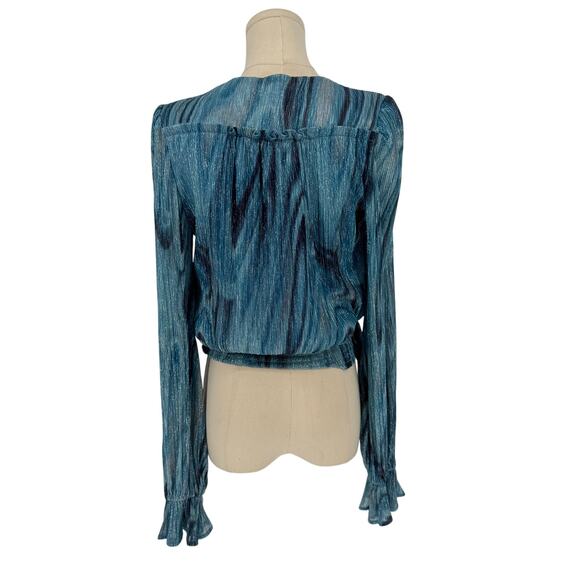 Ramy Brook Crop Top Blue Metallic Plisse Long Sleeve Blouse V-Neck, Designer XS - Picture 2 of 8